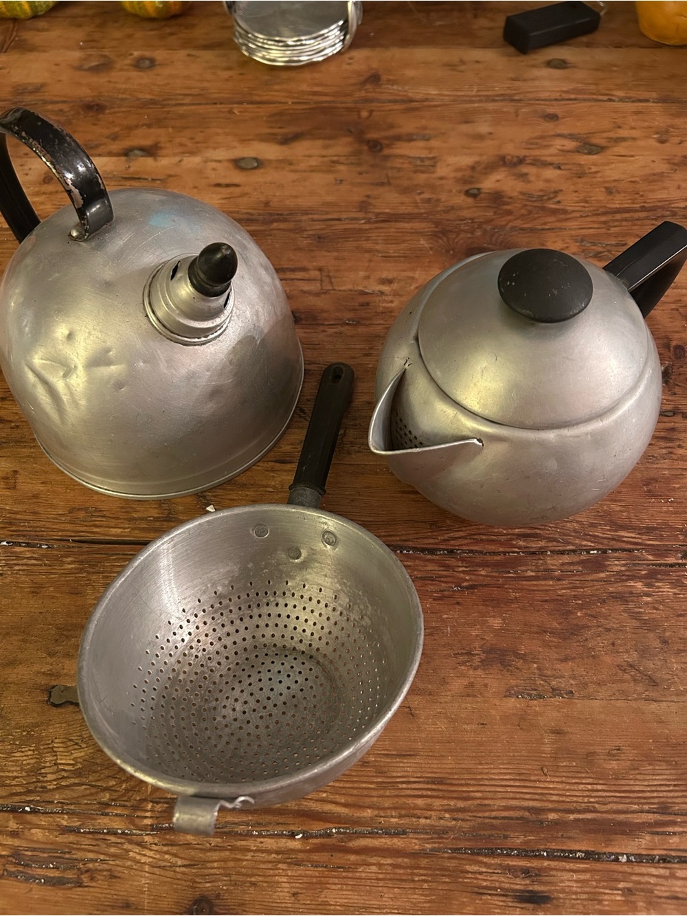 Vintage Aluminum Tea Kettle, Pot and  Strainer